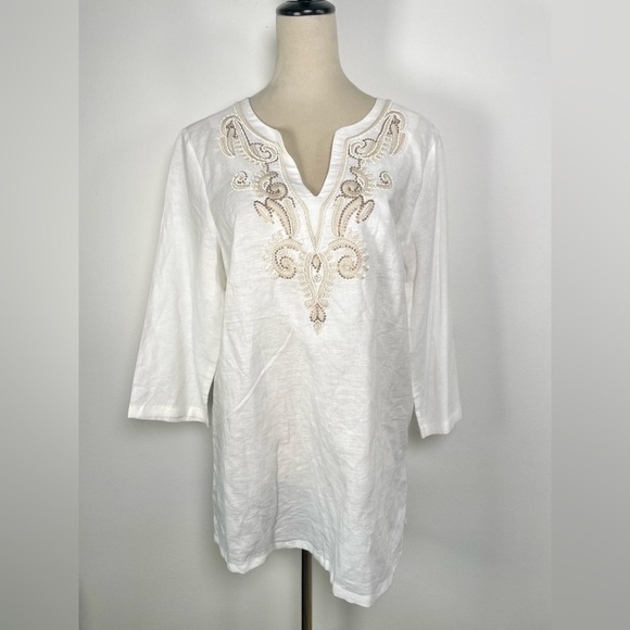 Saint Tropez West Tops - Saint Tropez Linen Top‎ Tunic Size L White 3/4 sleeve Embroidery